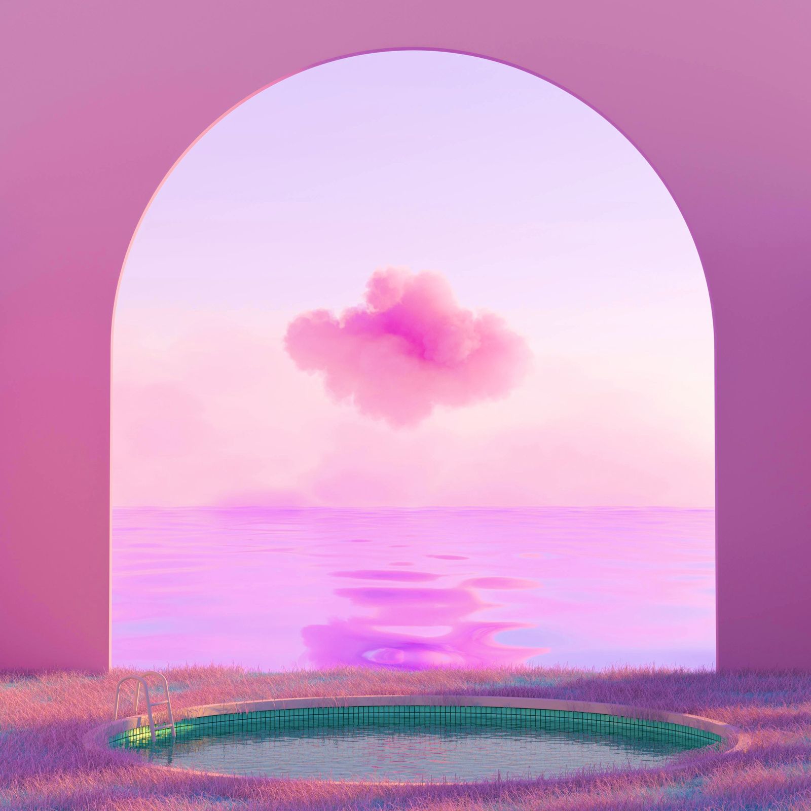 A soft pink cloud over still water, seen through an arch