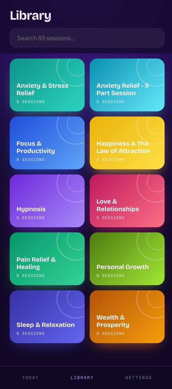 FRQNCY library screen with colour-coded session categories