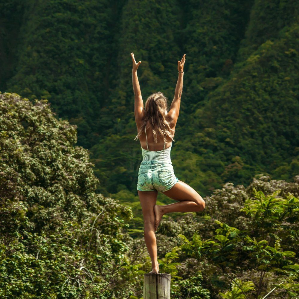 A woman in tree pose above a green valley